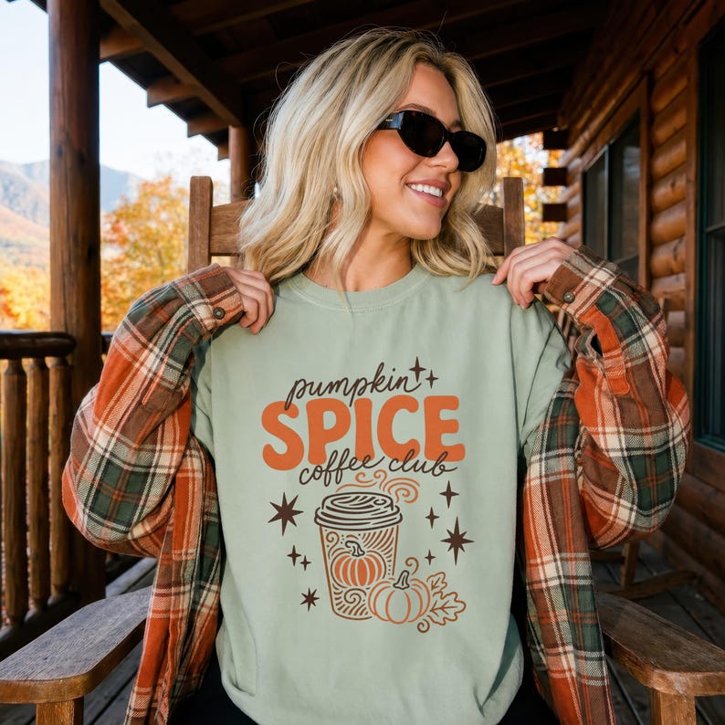 Light mint t-shirt with "Pumpkin Spice coffee club" text and coffee cup graphic.
