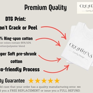 The image is a promotional graphic for a T-shirt company, CREATIONS. It highlights the premium quality of their products, including the DTS Print, which is 100% ring-spun cotton, 100% Heather colors, and a soft pre-shrunk cotton. The image also mentions a quality guarantee, stating that in the case of a manufacturing error, the company will either send a free replacement or issue a full refund.