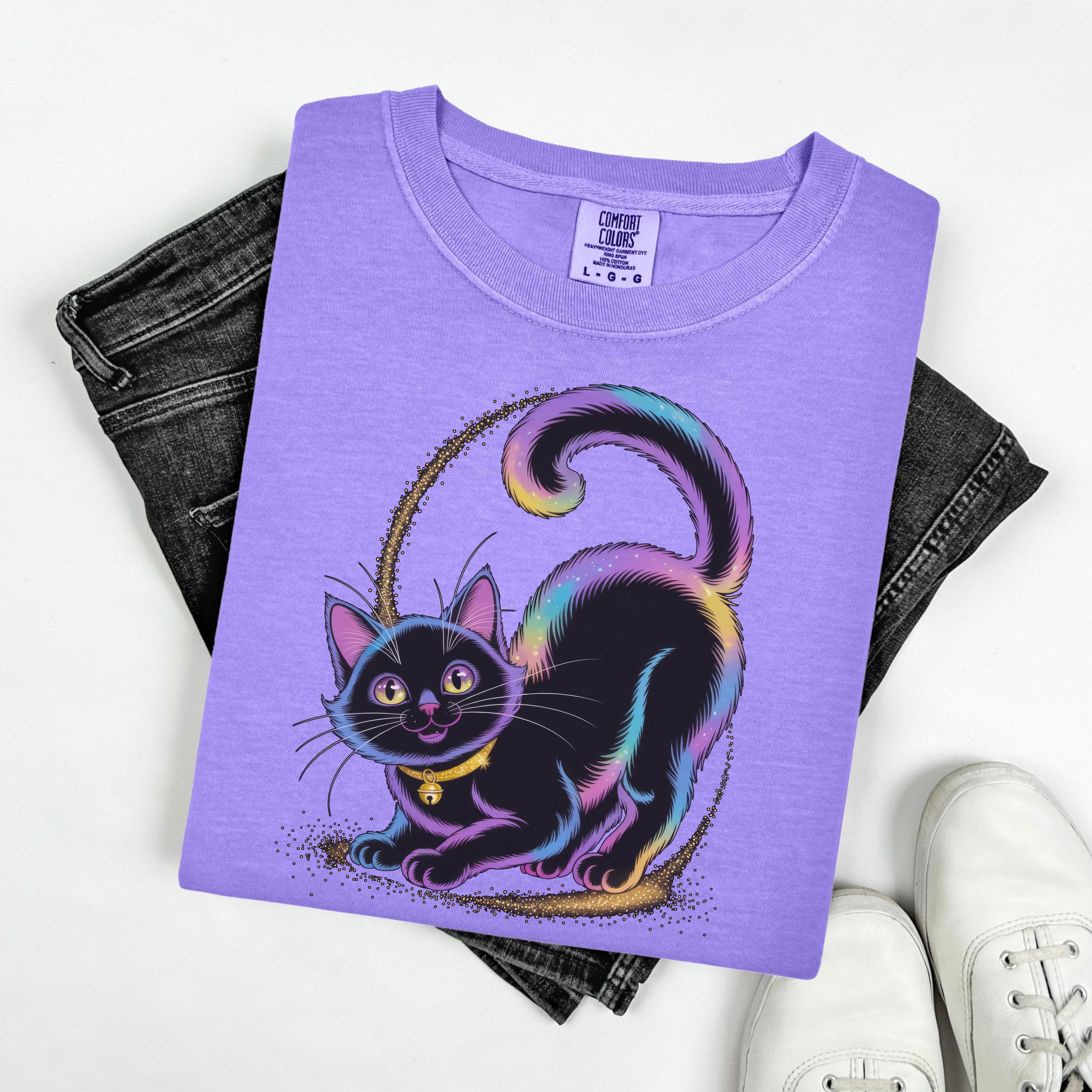 Trendy Neon Schwarze Katze T Shirt Regenbogen Pastell Kawaii