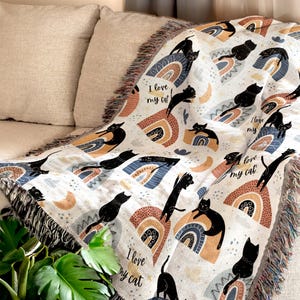 I Love My Cat Throw Blanket Black Cat Woven Tapestry Cozy Cat Decor Rainbow Cat Gift for Cat Mom Cat Dad Cat Lover Home Black Cat Throw