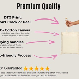 The image is a promotional graphic for a tote bag, highlighting its premium quality features such as durability, self-fabric carrying handles, and eco-friendly manufacturing process.