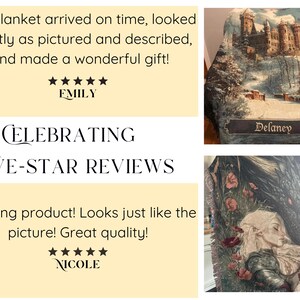 The image is a collage of three photos featuring a blanket with a castle scene, a close-up of a person's face, and a close-up of a floral design. The blanket appears to be a handmade gift, and the photos are described as "amazing product" and "awesome quality".