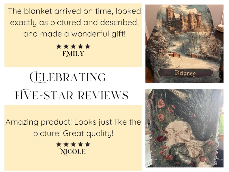 The image is a collage of three photos featuring a blanket with a castle scene, a close-up of a person's face, and a close-up of a floral design. The blanket appears to be a handmade gift, and the photos are described as "amazing product" and "awesome quality".