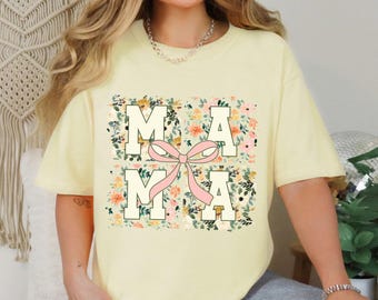 Comfort Colors Mama T-Shirt, Coquette Bow Floral Mom Tee