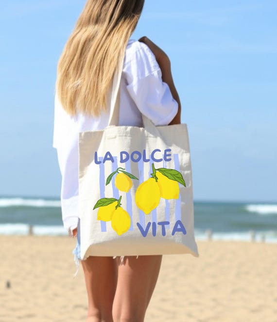 La Dolce Vita Lemon Tote Bag Italian Summer Canvas Shopping Bag Amalfi Coast Inspired Citrus Beach Tote Cute Gift for Travel Lovers