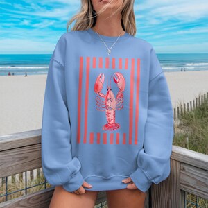 Light blue sweatshirt with coral lobster and stripes graphic.