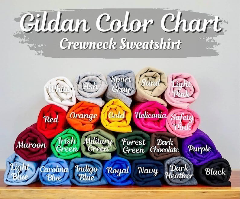 A color chart displaying various crew neck sweatshirts in different colors, including white, ash, sand, light pink, orange, gold, helicolonia, safety pink, red, maroon, Irish green, military green, forest green, dark chocolate, purple, indigo blue, royal, navy, and black.