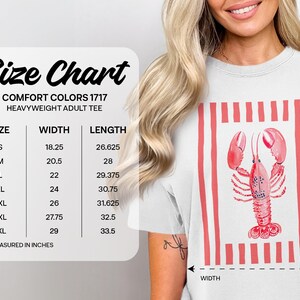 Size chart for Comfort Colors 1717 heavyweight adult tee with lobster graphic.