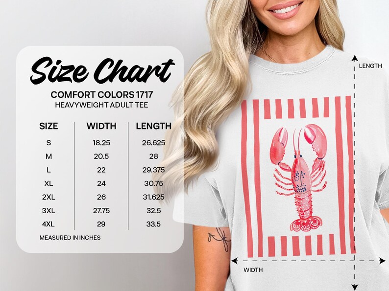 Size chart for Comfort Colors 1717 heavyweight adult tee with lobster graphic.