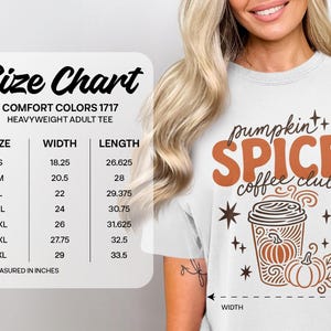 Comfort Colors 1717 adult tee size chart with width and length measurements in inches.