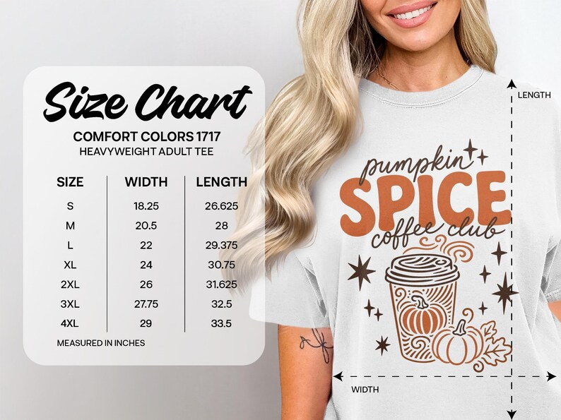 Comfort Colors 1717 adult tee size chart with width and length measurements in inches.