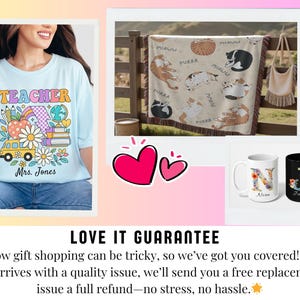 The image is a collage of three different items: a woman wearing a teacher t-shirt, a blanket with cat illustrations, and two mugs with personalized names on them. The text in the image states that the seller, "We know gift shopping can be tricky, so we've got you covered! If your order arrives with a quality issue, we'll send you a free replacement or issue a full refund—no stress, no hassle."