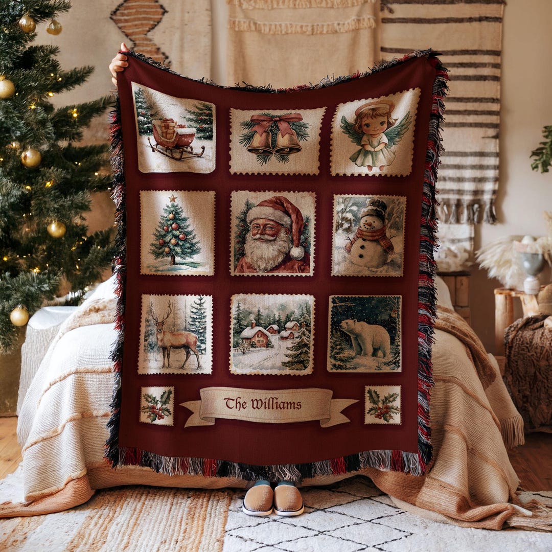 Personalized Vintage Christmas Throw Woven Blanket, Custom Family Name ...