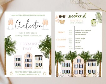 Charleston Bachelorette Weekend Invite + Itinerary, Invite, Template, Girls Weekend Schedule, Text or Print, Bachelorette Party ideas, Beach