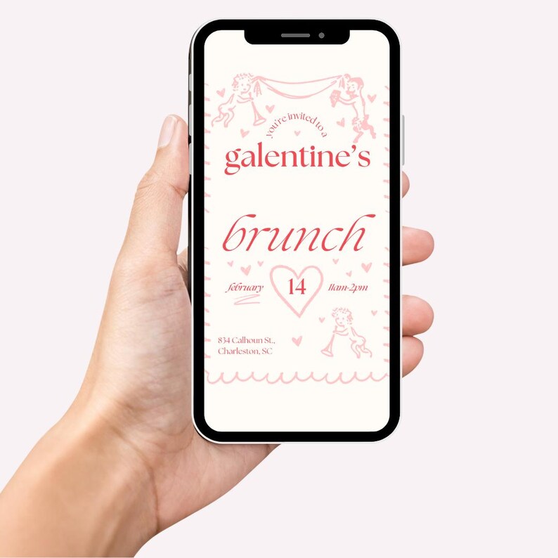 May include: A pink and white digital invitation for a Galentine's brunch on February 14th from 11am to 2pm. The invitation features a heart with the number 14 inside, two stick figures holding hands, and the text "You're invited to a Galentine's brunch".