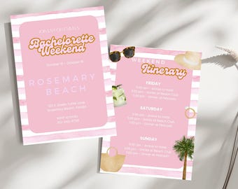 Pink Beach Bachelorette Invitation + Itinerary, Bachelorette Party Invite, Editable Canva Template, Beach Bachelorette, Hen Party Invite