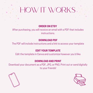 May include: A pink and white graphic with the text "HOW IT WORKS" in bold pink letters. The graphic outlines the steps for purchasing and using a digital template: order on Etsy, download PDF, edit your template, and download and print. The graphic includes illustrations of a smartphone and a printer.