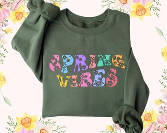 Lentetrui, sweater lente-vibes ronde hals, lente-t-shirt, lente-t-shirt, lente, bloemen, bloemen, unisex