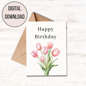 Cartão de Feliz Aniversário com Tulipas Rosa, Cartão Floral Feminino para Ela, Cartão Elegante de Aniversário de Primavera, Cartão em Branco, Cartão Inspirado em Jardim