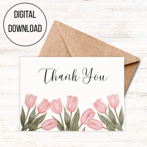 Tarjeta de agradecimiento imprimible con tulipanes, nota de agradecimiento floral primaveral, papelería de descarga digital, tarjeta de felicitación con flores rosas, tarjeta de agradecimiento digital