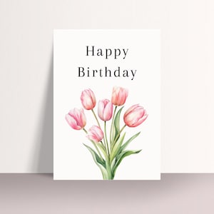 Biglietto di auguri di buon compleanno con tulipani, biglietto di auguri floreale per lei, biglietto di auguri floreale, biglietto di auguri primaverile, biglietto di auguri botanico