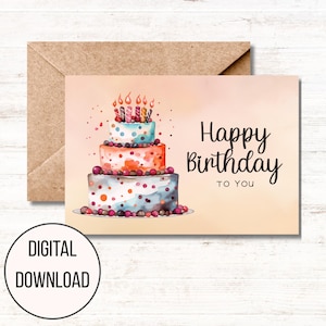 Geburtstagskarte mit Kuchen | &quot;Digitale &quot;&quot;Happy Birthday to You&quot;&quot; Grußkarte | Süße Geburtstagskarte Sofort Download | DIY Geburtstagskarte