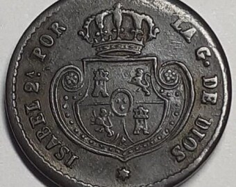 1853 SPAIN 1/20 REAL COIN very rare preservation of original Queen Isabel 2nd, Authentic copper coin