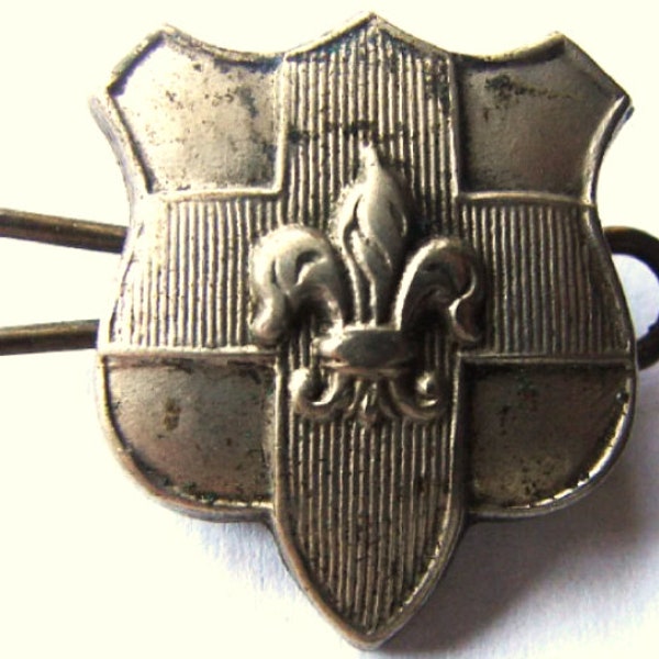 Old FLEUR DE LIS Cross Shield stylized lily, fleur-de-lys, Catholic religious Silvered Badge Pin Brooch