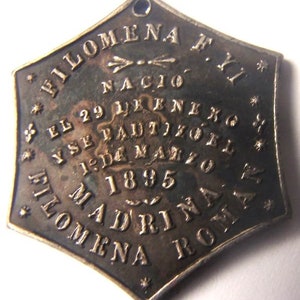 SILVER, 1895 SPANISH Religious Christian Commemorative BAPTISM ceremony, Original Silver pendant Medal image 2