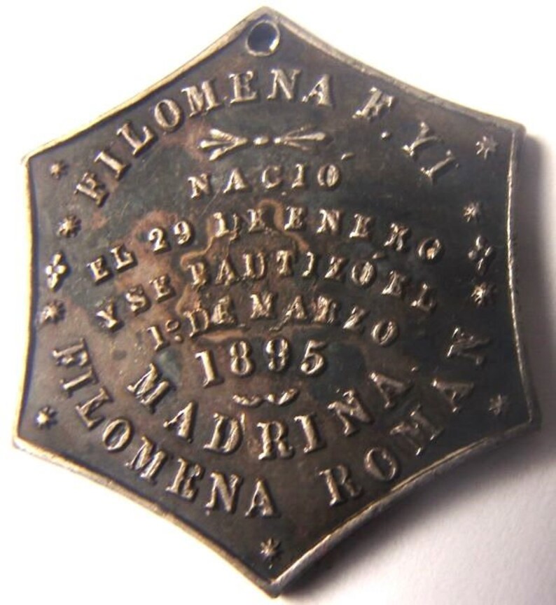 SILVER, 1895 SPANISH Religious Christian Commemorative BAPTISM ceremony, Original Silver pendant Medal image 2