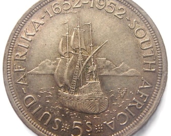 SILVER, 1952 SOUTH AFRICA new colony, 5 Shillings–King George 6th, Cape Town 300th Anniversary Founding, One-year type. Large Silver Coin