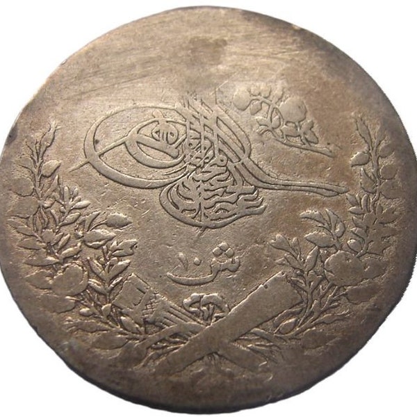 SILVER, 1884 OTTOMAN EGYPT 10 Qirsh -Abdul Hamid 2nd, Tughra of Abdulhamid 2nd, 1293 (1876-1907) Islamic (Hijri), Silver (.833) Large Coin