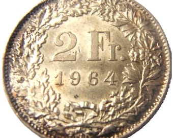 SILVER, SWITZERLAND Federal State, Swiss, 2 FRANCS 1964, Helvetia standing series, Silver (.835) Coin