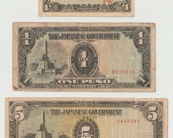 1942 WWII ERA, Philippines, Occupying JAPANESE government, lot of 3 Notes, currency Centavo and Pesos Bills Bank First Series Notes