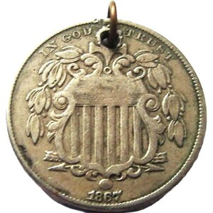 USA, 1867 SHIELD 5 CENTS United States No Rays five-cent, over 150 years old copper-nickel Coin, Charm pendant medallion