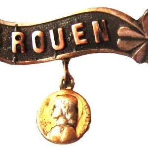 FRANCE, RELIGIOUS, Rouen Saint Jeanne D’ARC, Normandy four-leaf clover, antique French silvered catholic pin badge