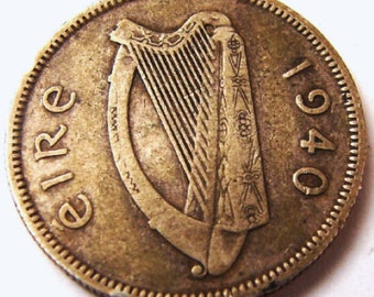 SILVER, 1940 IRELAND Republic Silver SHILLING 1 Scilling Eire Irish Bull, Gaelic Harp Silver (.750) Coin