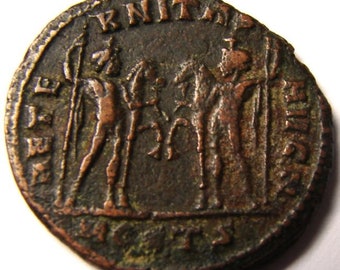 Ancient Authentic ROMAN Empire, Emperor MAXENTIUS 306-312 A.D, crown of laurels, Dioscuri holding a horse, Large Follis