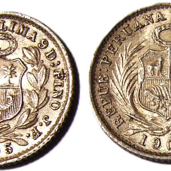 Lot of 2 coins Rare Grade, Authentic, Republica of PERU, 1/2 DINERO 1905, SILVER (.900) 2 Coins Lot