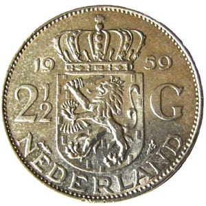 NETHERLANDS, 1959, SILVER, Queen JULIANA Two and a Half, 2 1/2 Gulden, Silver (.720) Guldens large Authentic coin
