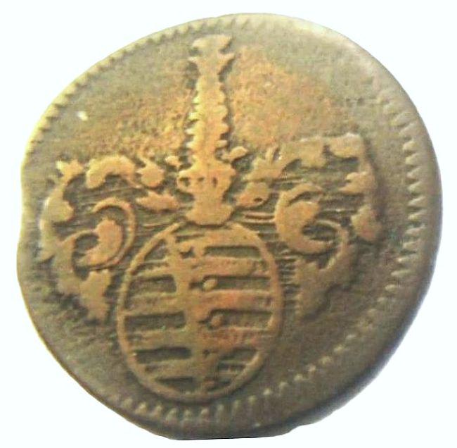 GERMANY, 1725, Authentic Low Mintage, 1 HELLER Saxe - Gotha – Altenburg Saxony arms Duke Frederick 2nd copper coin