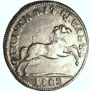 GERMAN, 1802, FRISCH Mit GEWALT, Immer Neu und Nich All, Full Bodied Horse Facing Right, Rare Grade, Copper Counter Token Jetton