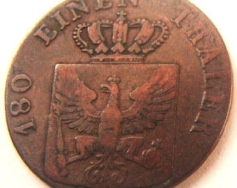 High Grade PRUSSIA, WILHELM 3rd, 1837 Mint D 180 Einen Thaler 2 Pfennig, coat of arms of Prussia,  Authentic Copper Coin