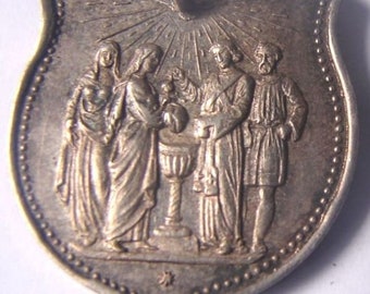 SILVER, 1893 Christian BAPTISMAL ceremony in honor of the GODPARENTS Authentic Silver Pendant Medallion