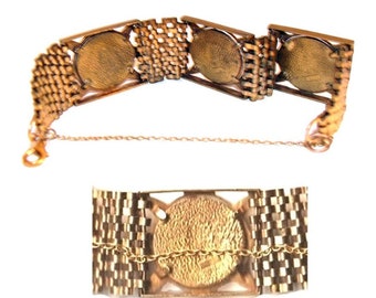 Vintage European Gilt GOLD BRACELET consisting of 3 Large rectangle panels, Multi-Row Link Chain with Saint GEORGE & Dragon Medallions