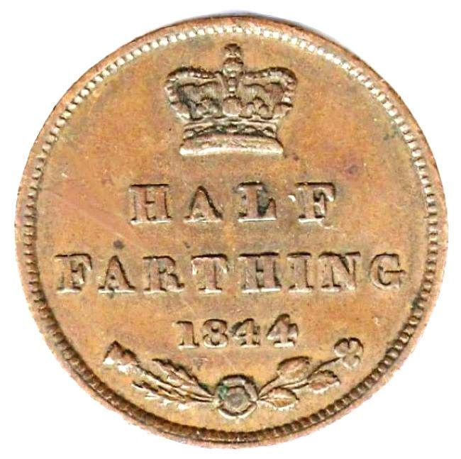 BRITISH, 1844, 1/2 FARTHING, VICTORIA (1837-1901), First uncrowned portrait, thistle, shamrock, Authentic Copper Coin