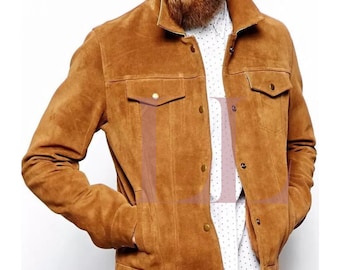 Men&#39;s New Brown Suede Leather Jacket Biker*Trendy Handmade New Classic Denim Style Western Cowboy Motorcycle Collar Jacket (Customize Size)