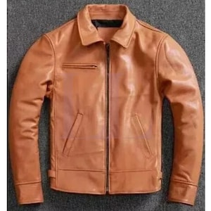 Stylish Handmade Men's Bomber Leather jacket Brown Sheepskin Motorcycle Jacket*Casual Coat Trendy Genuine Winter Cowhide Leather Jacket