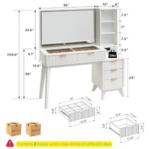 May include: A white vanity desk with a flip-top mirror, a glass-covered jewelry compartment, and a side cabinet with three drawers. The unit measures 36 inches wide and 53.6 inches high, featuring gold-toned handles and detailed dimensions.