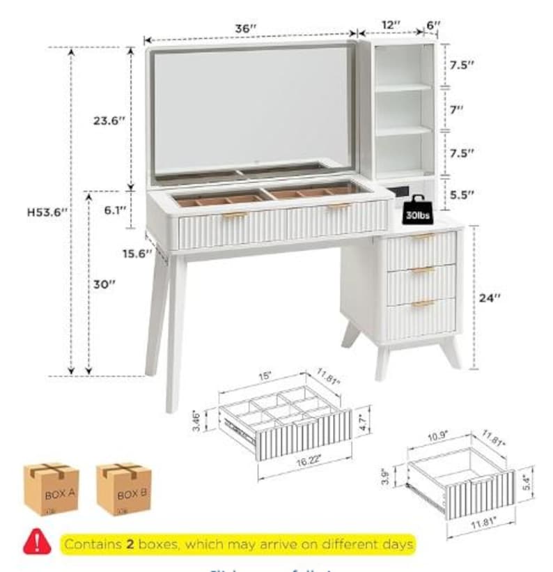 May include: A white vanity desk with a flip-top mirror, a glass-covered jewelry compartment, and a side cabinet with three drawers. The unit measures 36 inches wide and 53.6 inches high, featuring gold-toned handles and detailed dimensions.